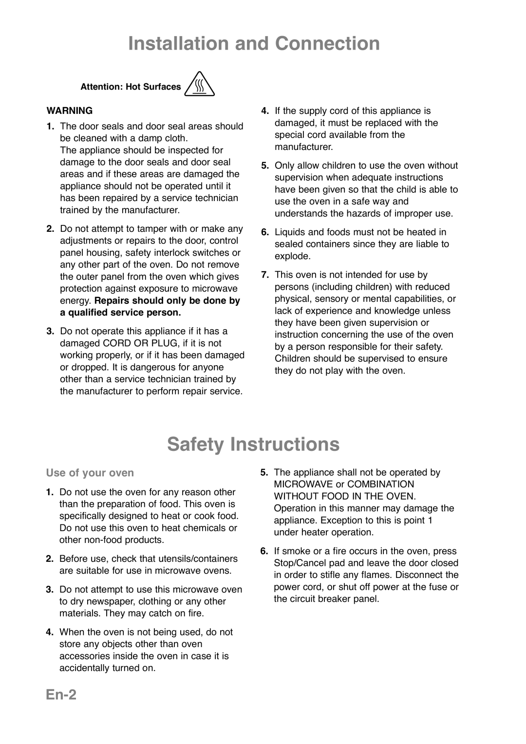 Panasonic NN-CT569M manual Safety Instructions, En-2, Use of your oven, Installation and Connection, Attention Hot Surfaces 