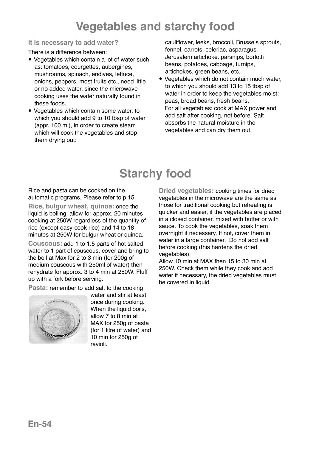 Panasonic NN-CT569M, NN-CT559W manual Vegetables and starchy food, Starchy food, En-54, It is necessary to add water? 