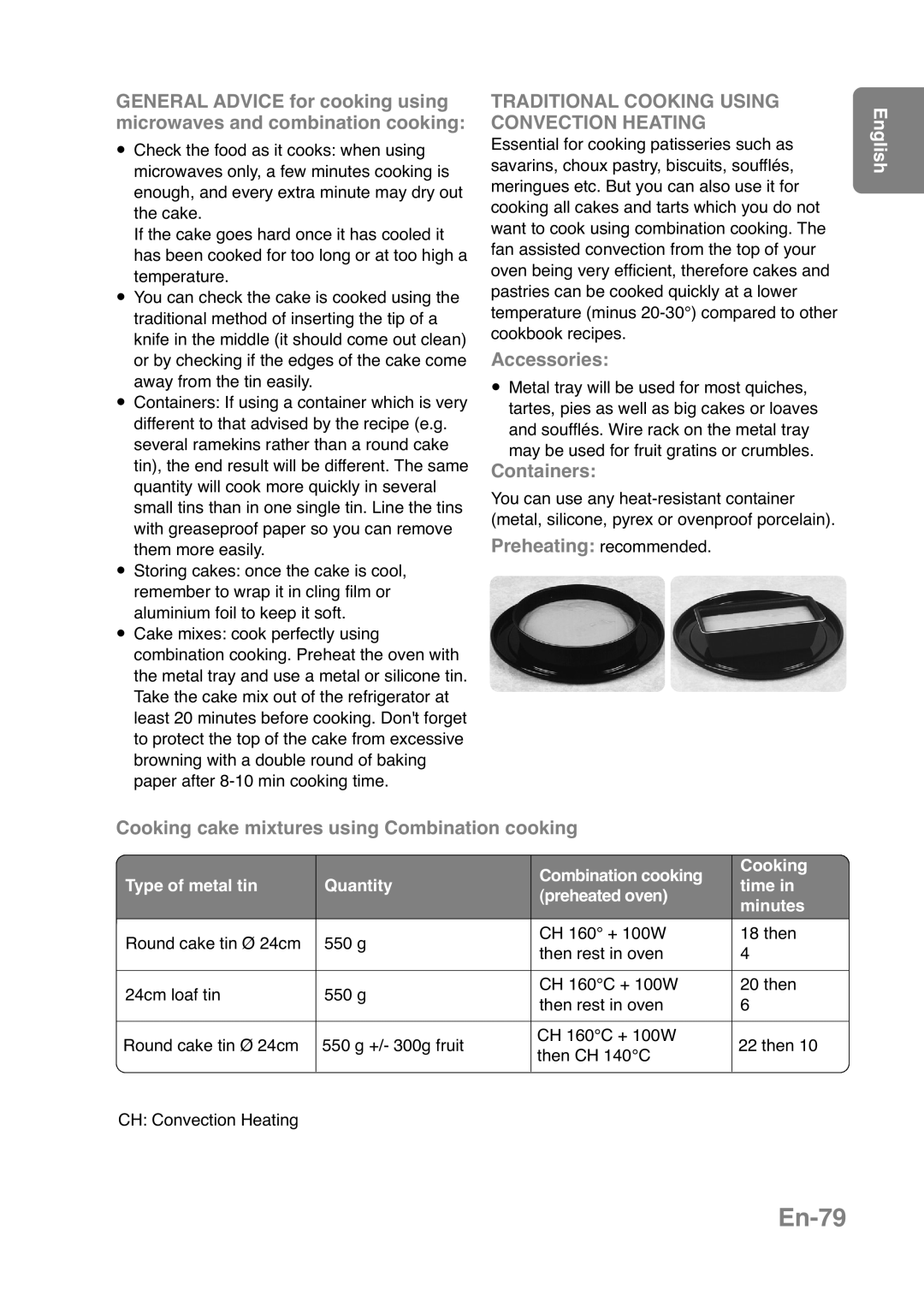 Panasonic NN-CT559W En-79, GENERAL ADVICE for cooking using microwaves and combination cooking, Preheating recommended 