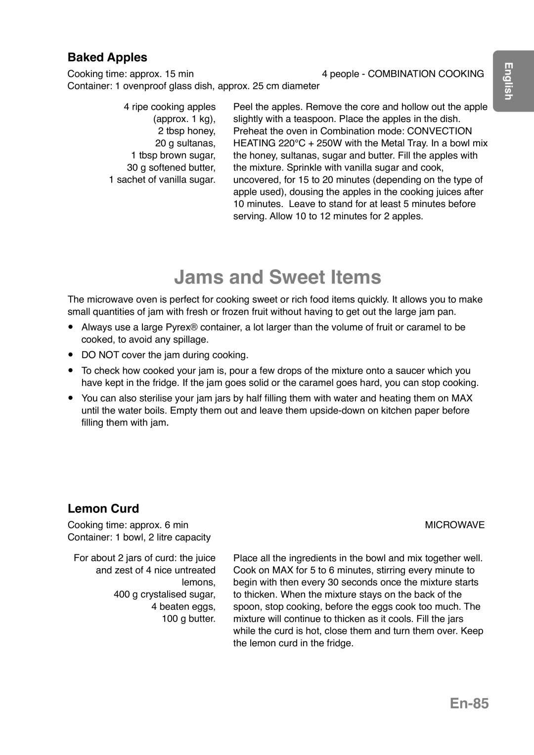Panasonic NN-CT559W, NN-CT569M manual Jams and Sweet Items, En-85, Baked Apples, Lemon Curd, English 