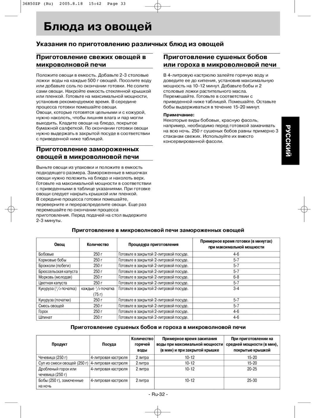 Panasonic NN-G335MF, NN-G335BF, NN-G335WF manual Блюда из овощей, Приготовление сушеных бобов или гороха в микроволновой печи 