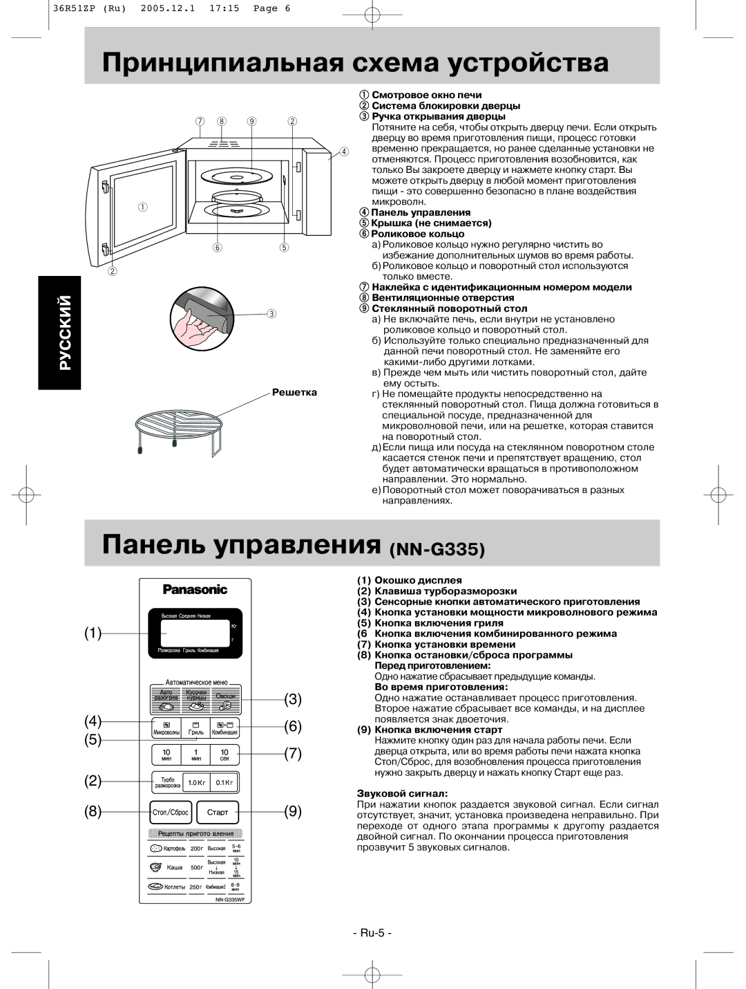 Panasonic NN-G335WF, NN-G335BF, NN-G335MF, NN-G315WF manual Принципиальная схема устройства, Панель управления NN-G335 