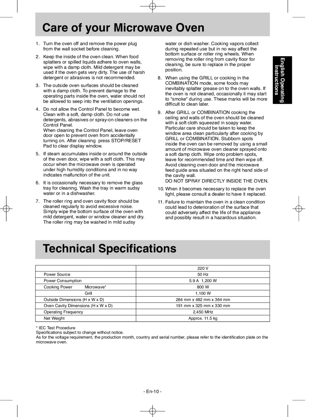 Panasonic NN-G335WF manual Technical Specifications, Care ofyourMicrowave Oven 