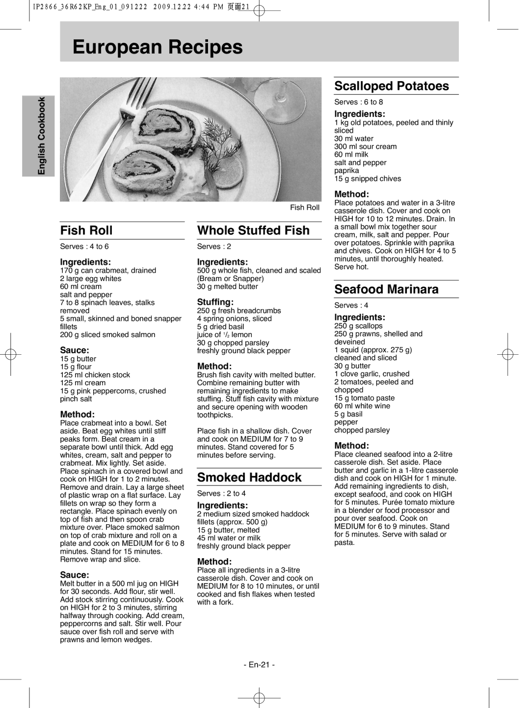 Panasonic NN-G335WF manual Fish Roll, Whole Stuffed Fish, Smoked Haddock, Scalloped Potatoes, Seafood Marinara 