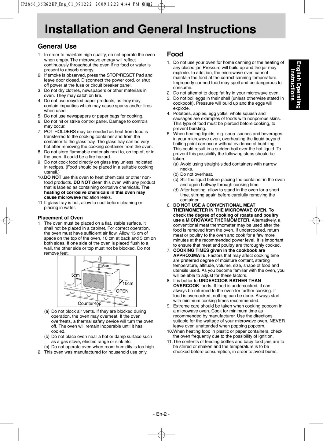 Panasonic NN-G335WF manual Installation and General Instructions, General Use, Food 