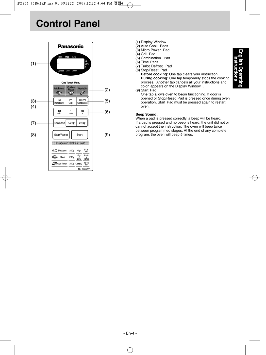 Panasonic NN-G335WF manual Control Panel, Stop/Reset Pad 