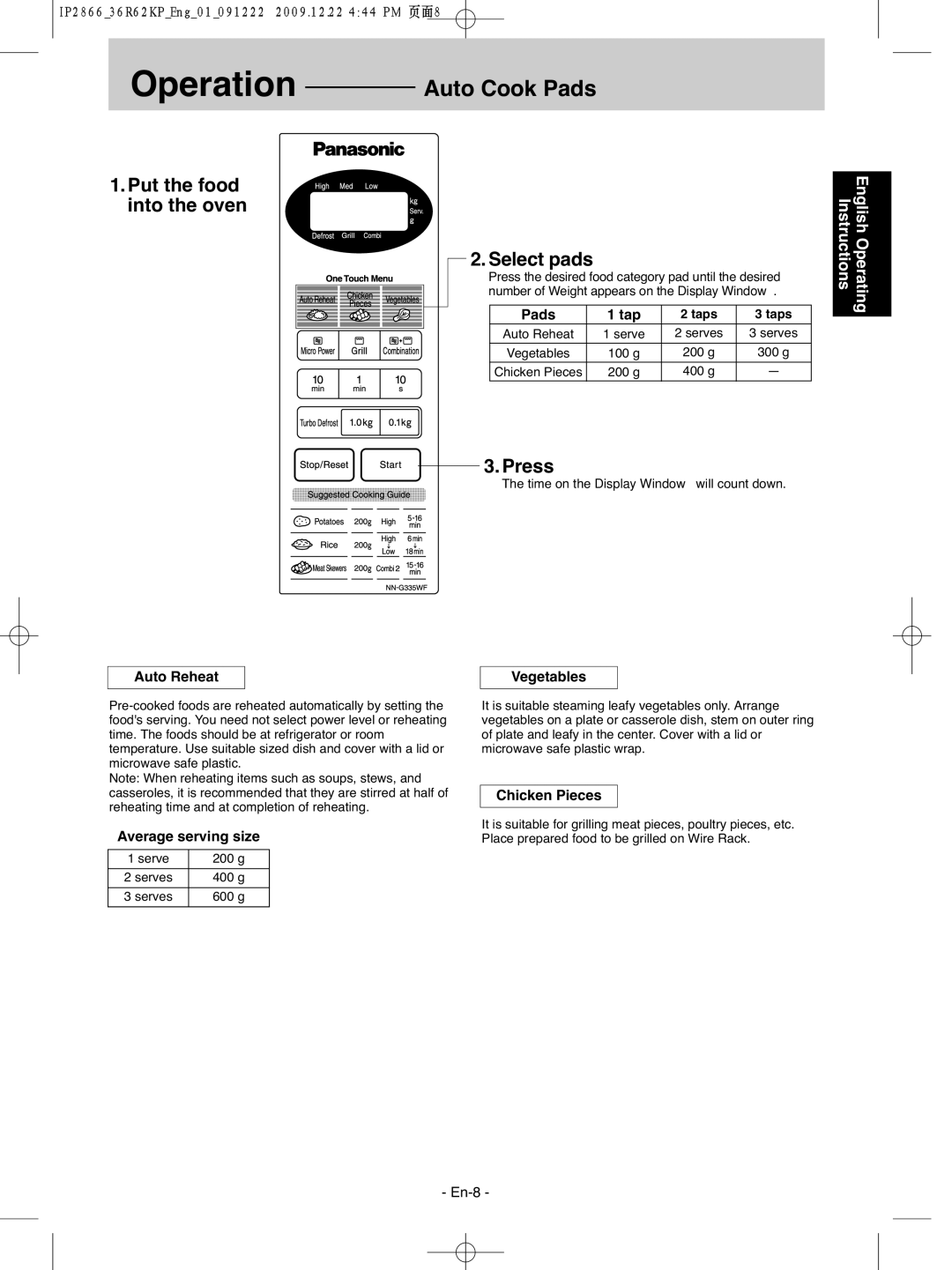 Panasonic NN-G335WF manual Auto Cook Pads, Put the food into the oven Select pads 