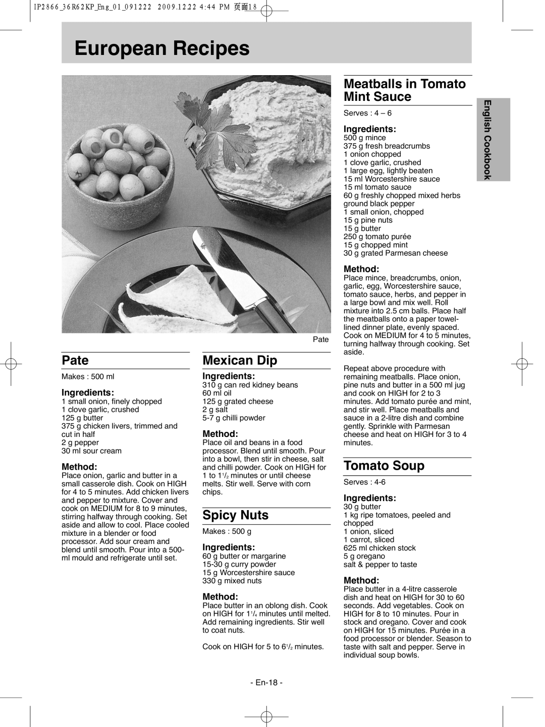 Panasonic NN-G335WF manual European Recipes, Pate, Mexican Dip, Spicy Nuts, Meatballs in Tomato Mint Sauce, Tomato Soup 