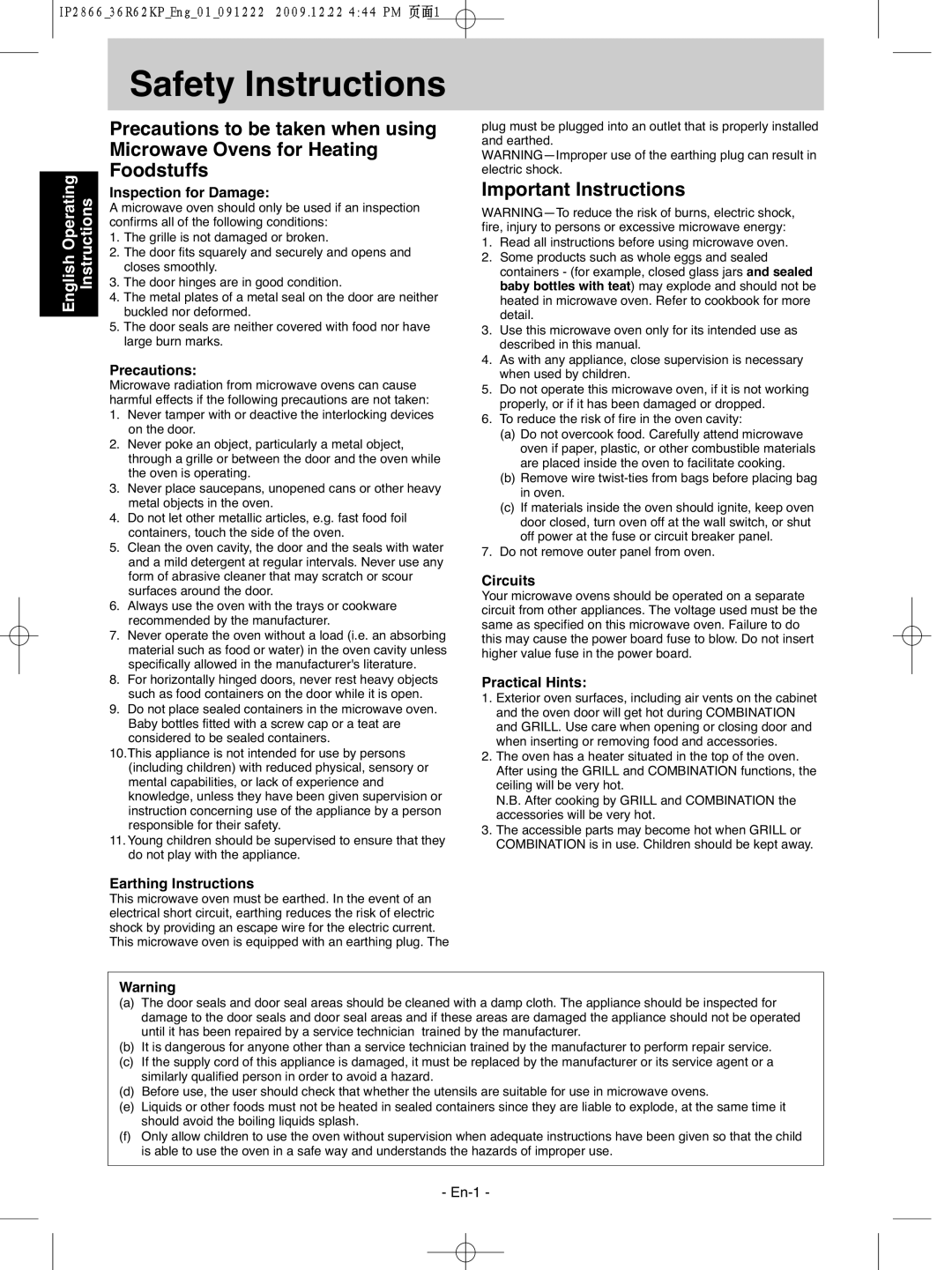 Panasonic NN-G335WF Safety Instructions, Important Instructions, English Operating, Inspection for Damage, Precautions 