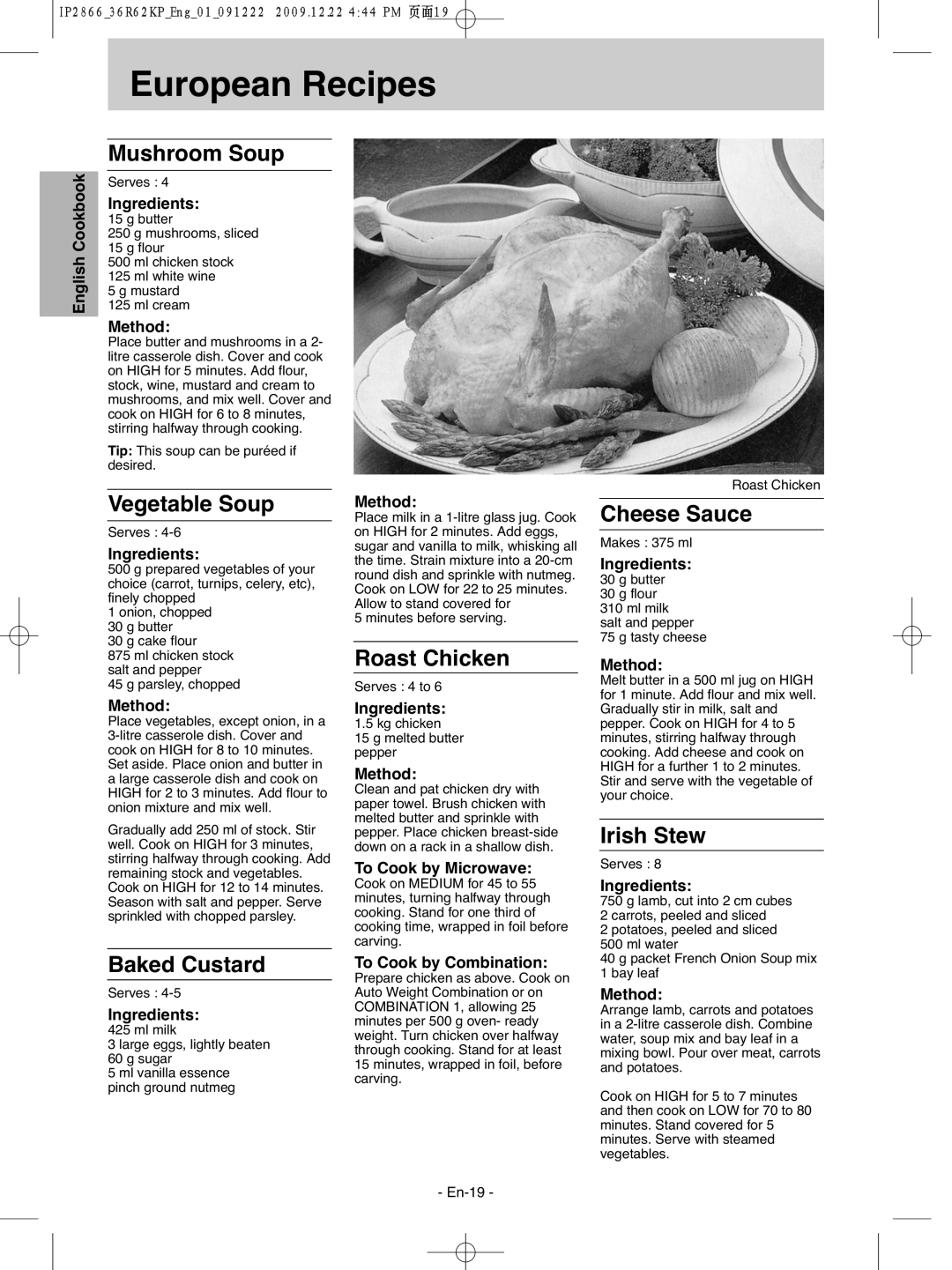 Panasonic NN-G335WF manual European Recipes, Mushroom Soup, Vegetable Soup, Baked Custard, Roast Chicken, Cheese Sauce 