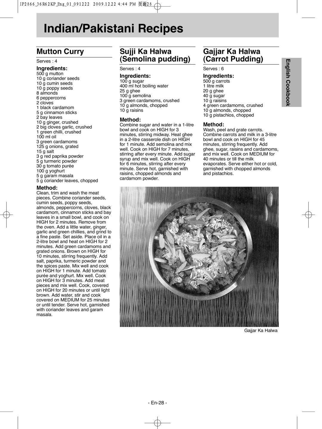 Panasonic NN-G335WF manual Mutton Curry, Gajjar Ka Halwa Carrot Pudding, Sujji Ka Halwa Semolina pudding 