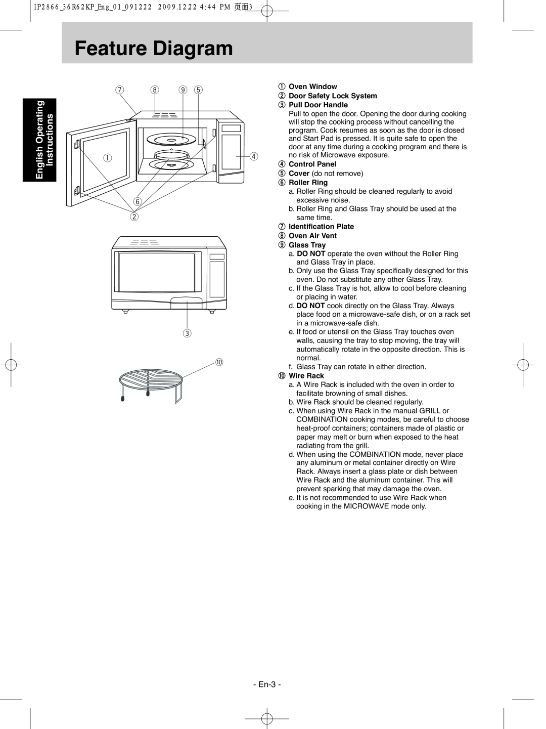 Panasonic NN-G335WF manual Feature Diagram, English Operating, Instructions, En-3 