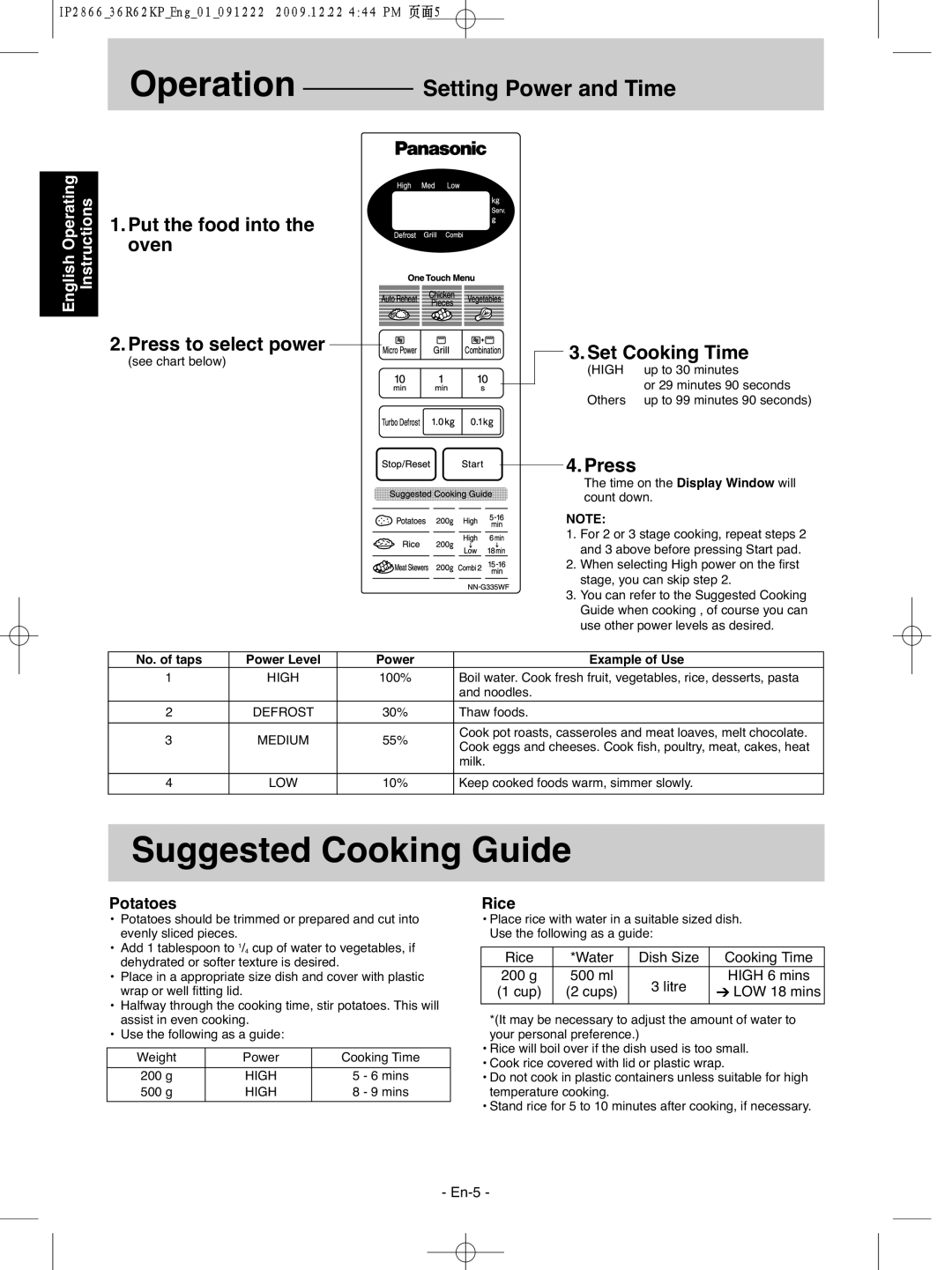 Panasonic NN-G335WF Operation, Suggested Cooking Guide, Setting Power and Time, Set Cooking Time, Press, English Operating 