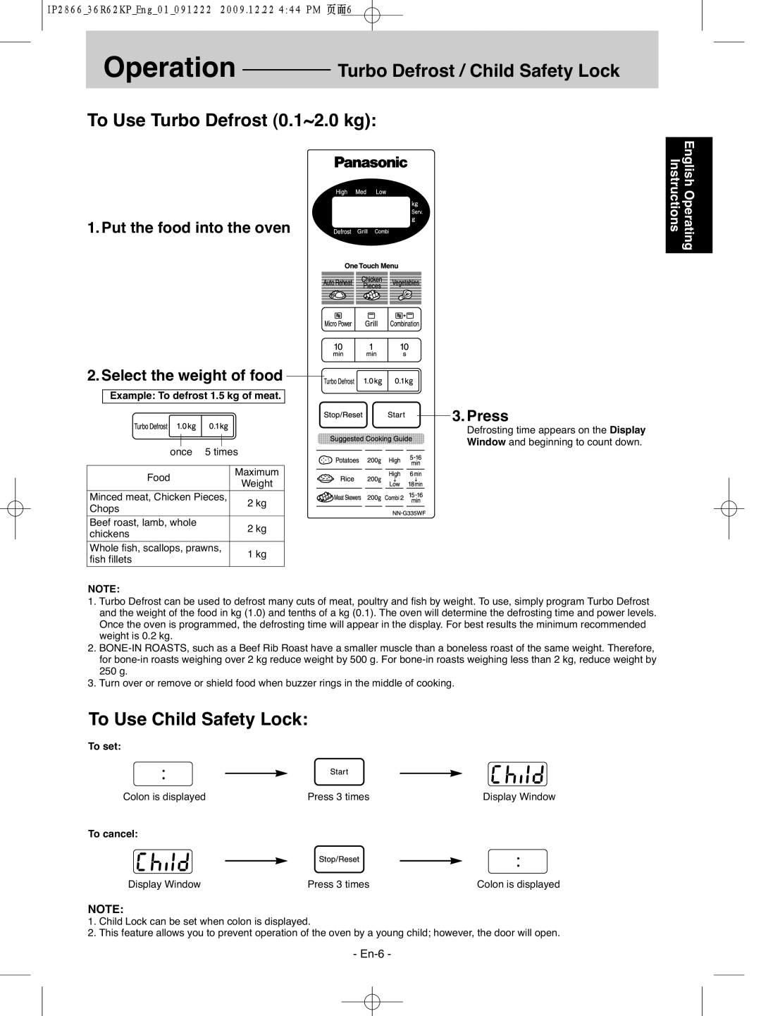 Panasonic NN-G335WF Turbo Defrost / Child Safety Lock, To Use Turbo Defrost 0.1~2.0 kg, To Use Child Safety Lock, Press 