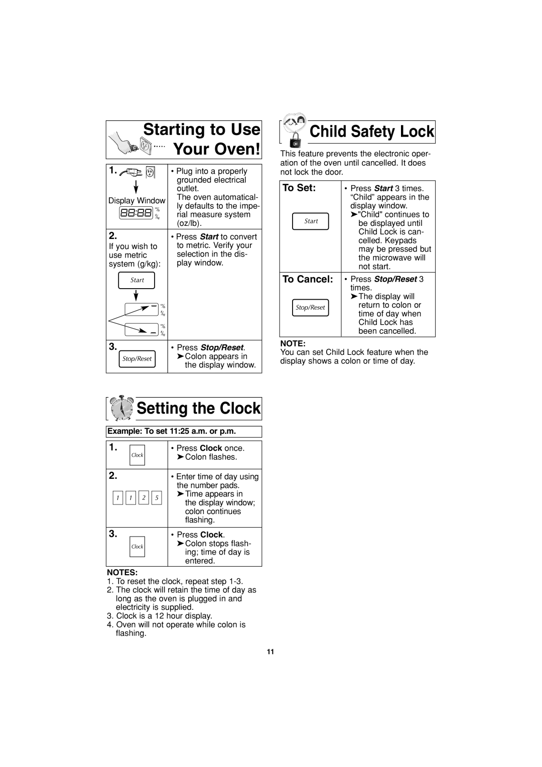 Panasonic NN-G463 Starting to Use Your Oven, Setting the Clock, Child Safety Lock, Example To set 1125 a.m. or p.m 