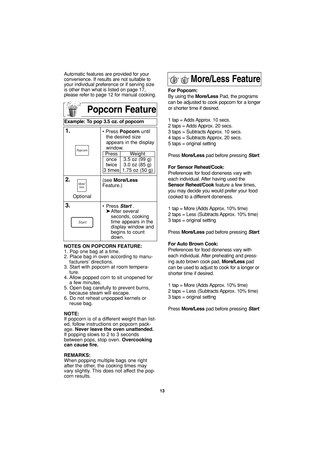 Panasonic NN-G463 operating instructions Popcorn Feature, Remarks 