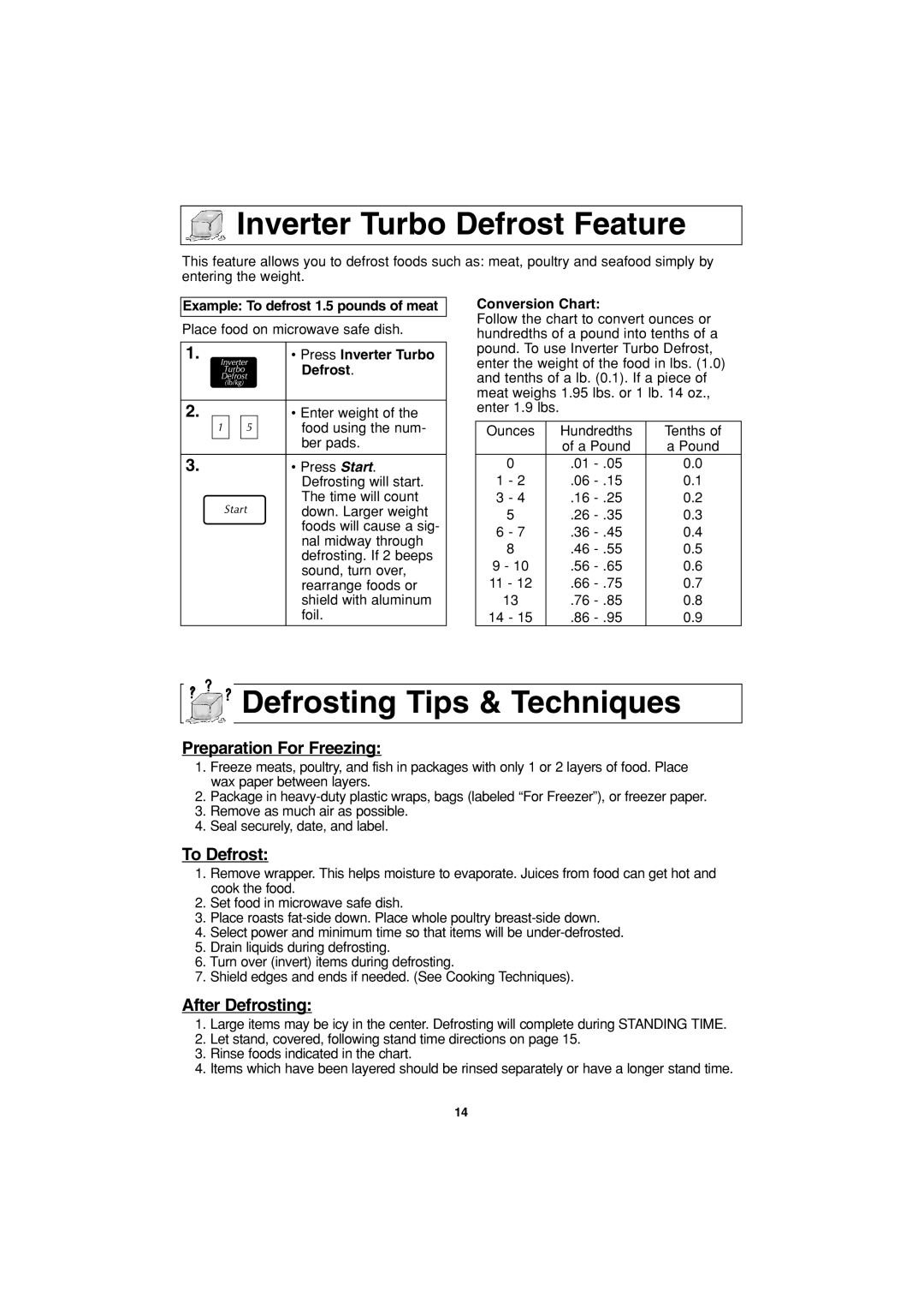 Panasonic NN-G463 Inverter Turbo Defrost Feature, Defrosting Tips & Techniques, Example To defrost 1.5 pounds of meat 