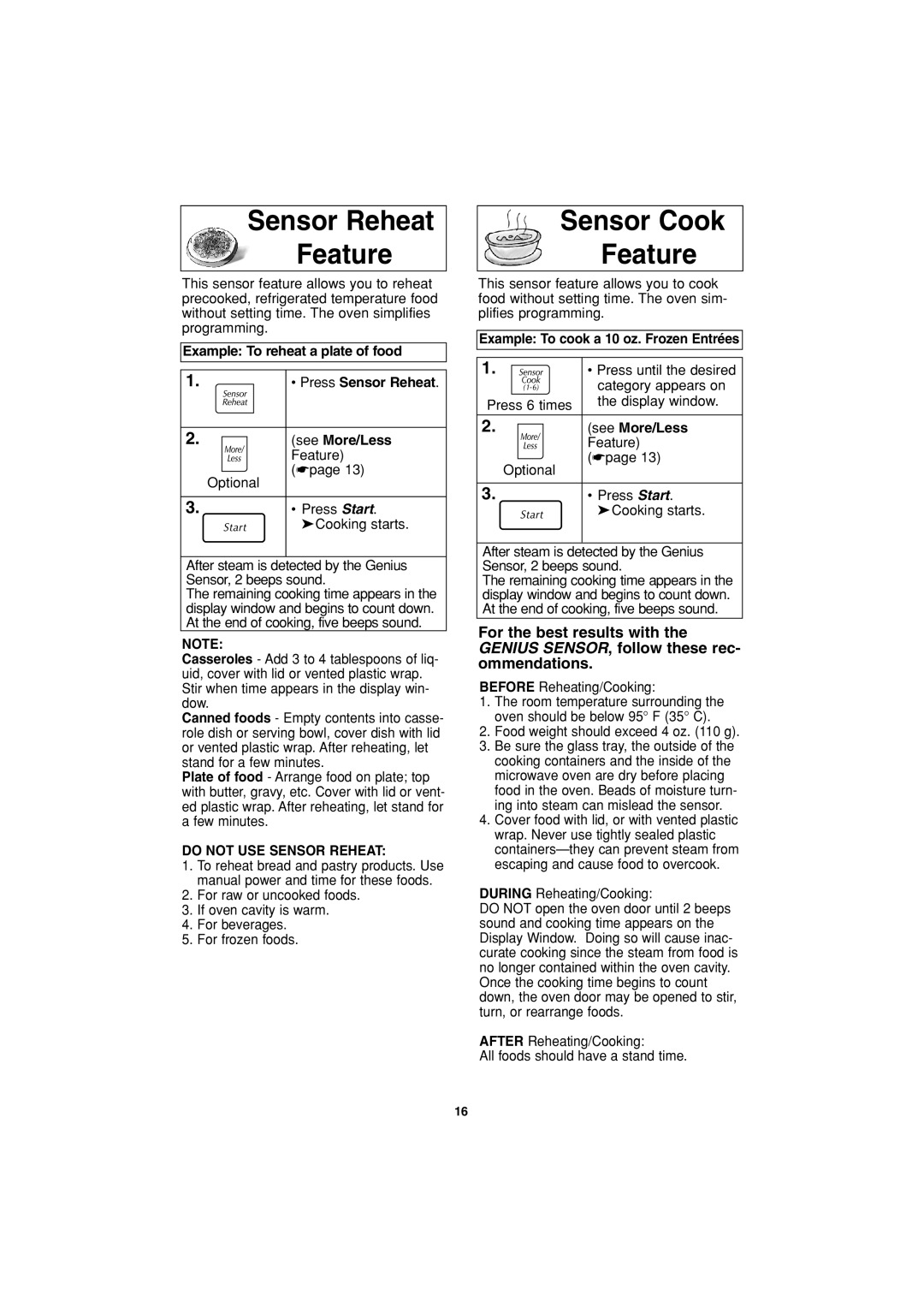 Panasonic NN-G463 operating instructions Sensor Reheat Feature, Sensor Cook Feature, Do not USE Sensor Reheat 