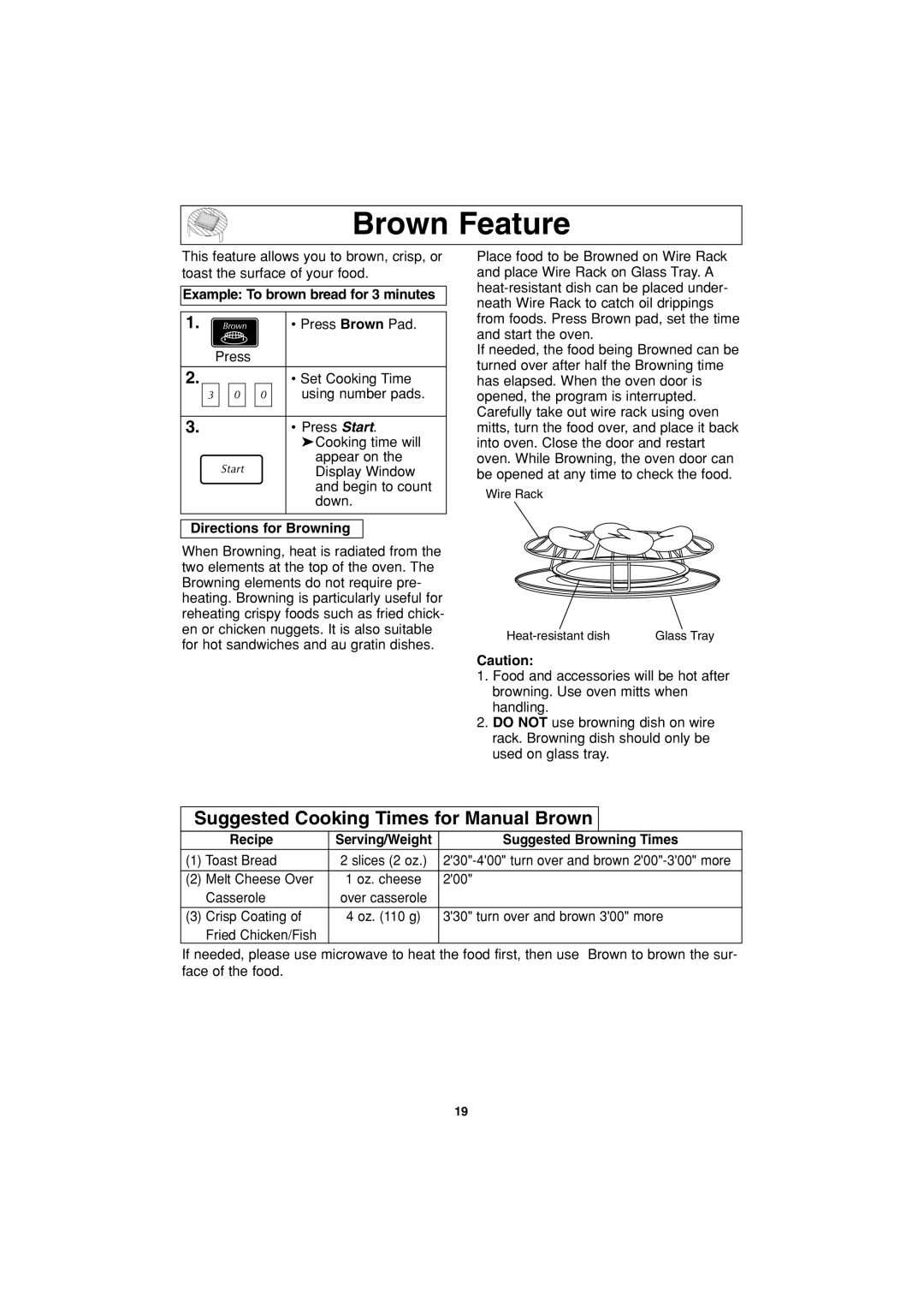 Panasonic NN-G463 Brown Feature, Suggested Cooking Times for Manual Brown, Example To brown bread for 3 minutes 