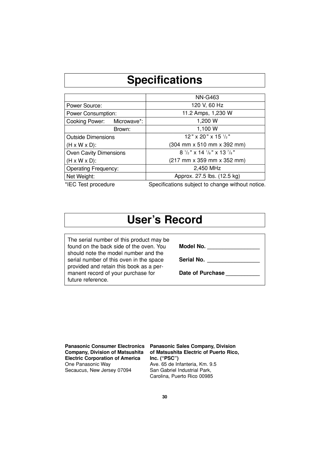 Panasonic NN-G463 operating instructions Specifications, User’s Record, 12 x 20 x 15 1, 2 x 14 1/ 8 x 13 7 