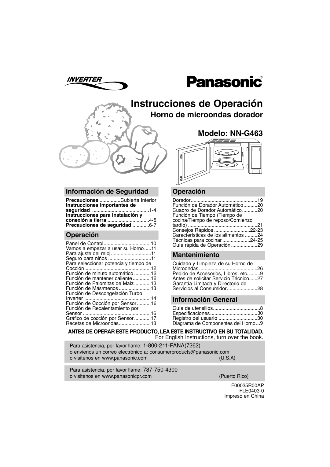 Panasonic NN-G463 Instrucciones de Operación, Información de Seguridad, Mantenimiento, Información General 