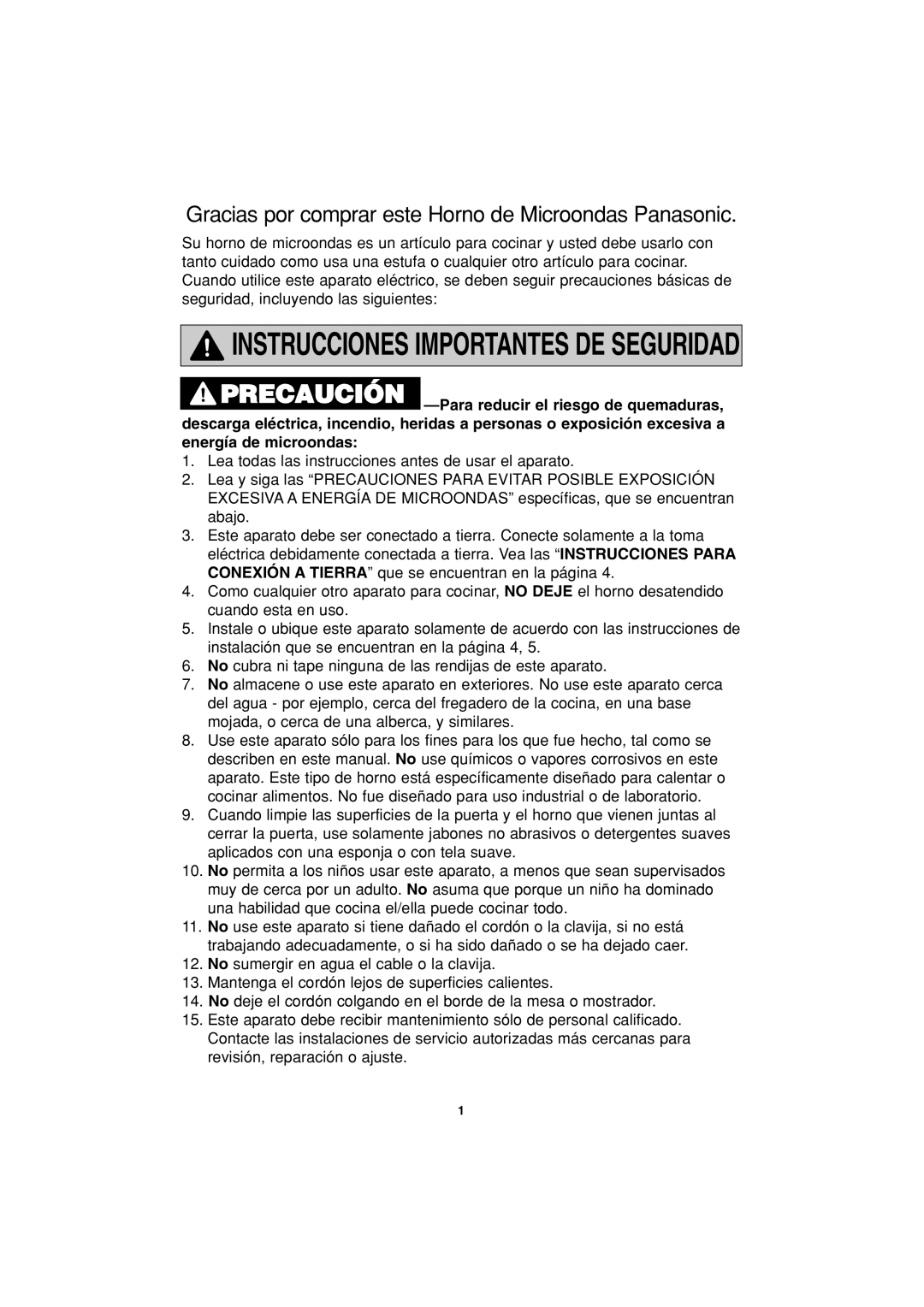 Panasonic NN-G463 operating instructions Instrucciones Importantes DE Seguridad 