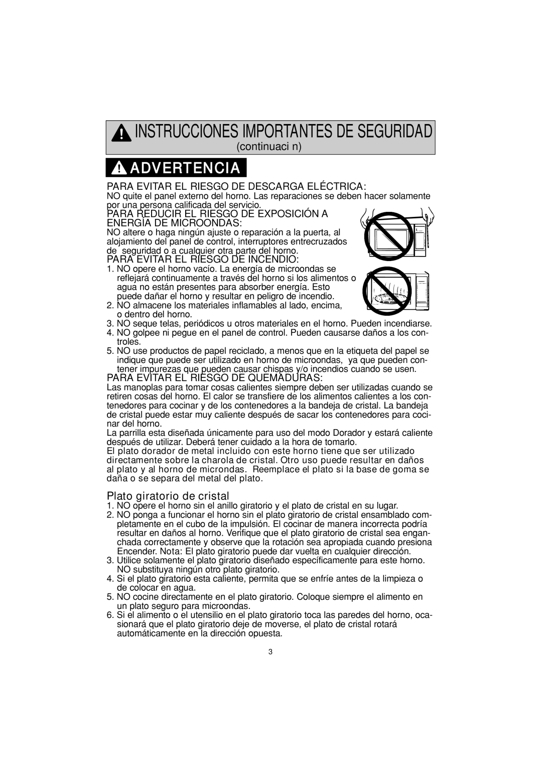 Panasonic NN-G463 operating instructions Advertencia, Plato giratorio de cristal 