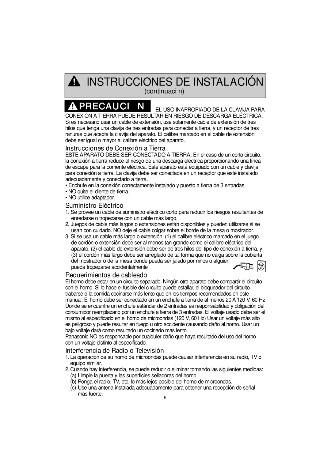 Panasonic NN-G463 Instrucciones de Conexión a Tierra, Suministro Eléctrico, Requerimientos de cableado 