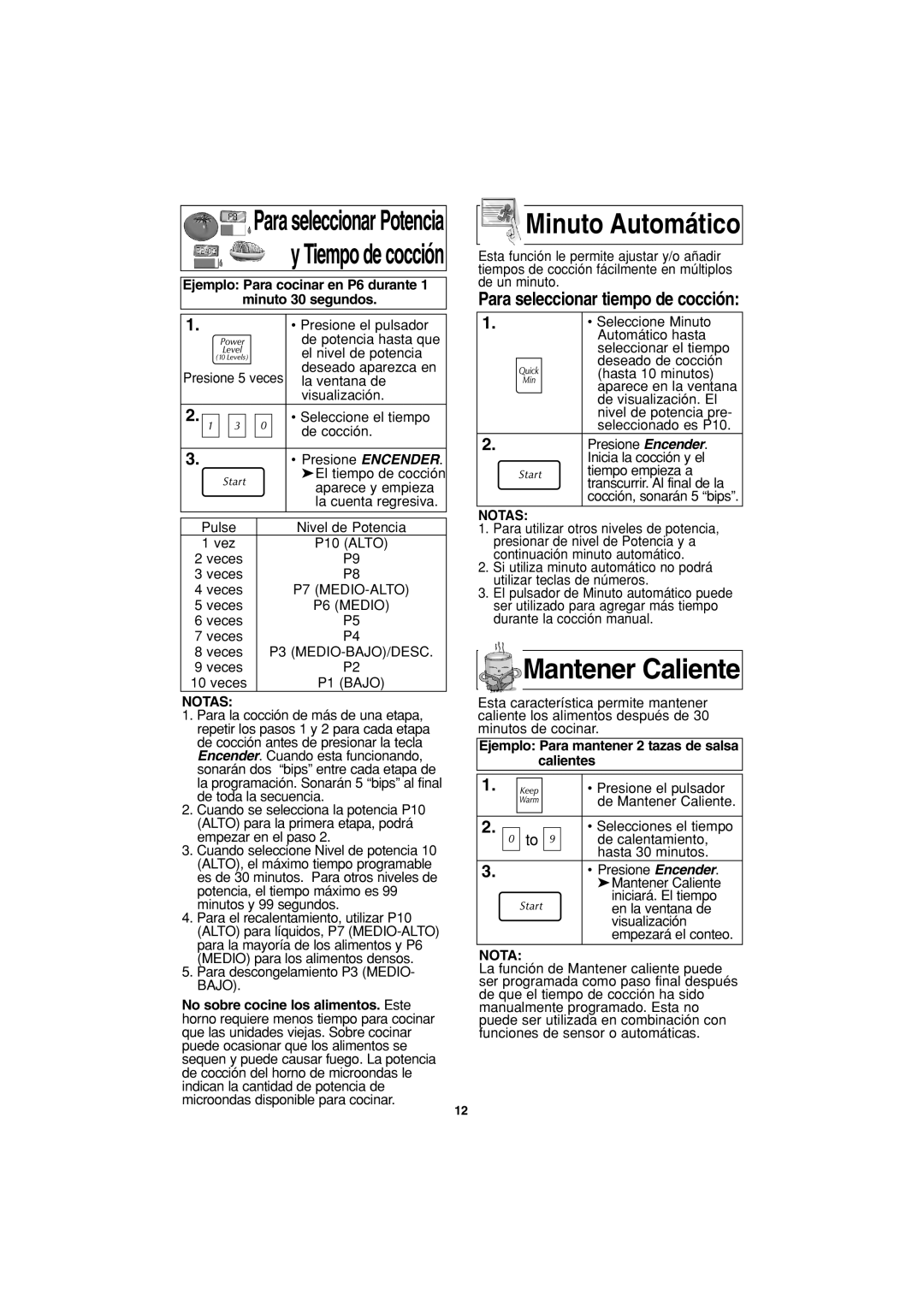 Panasonic NN-G463 operating instructions Mantener Caliente, Vez P10 Alto Veces, Para descongelamiento P3 MEDIO- Bajo 