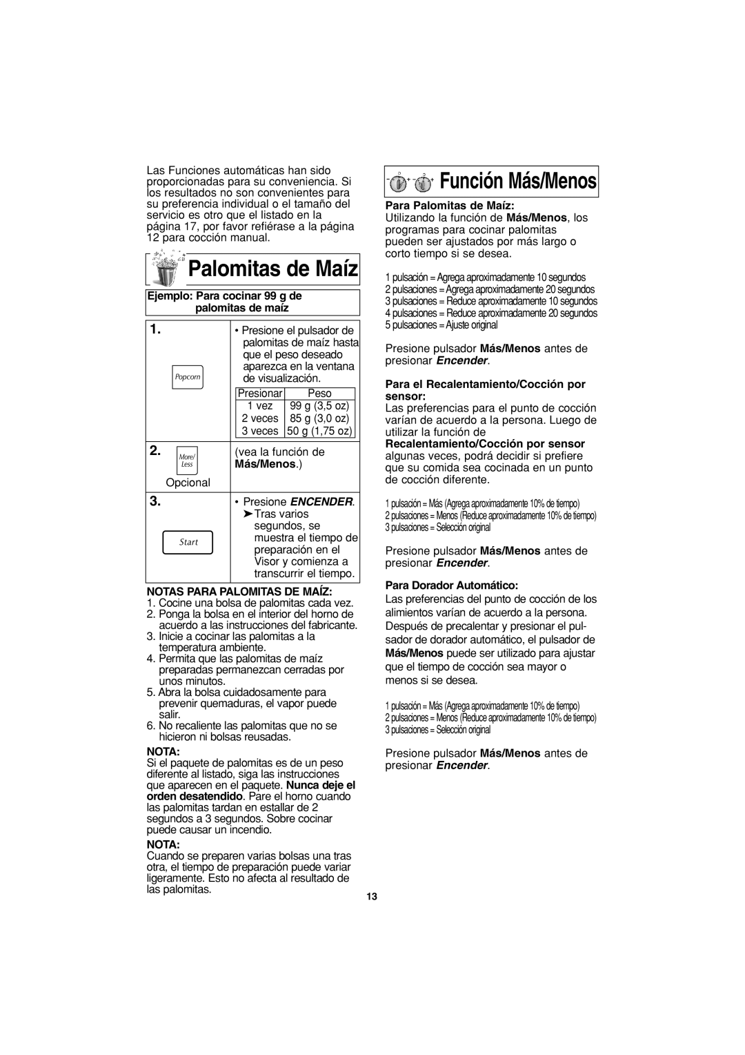 Panasonic NN-G463 operating instructions Palomitas de Maíz, Notas Para Palomitas DE Maíz 