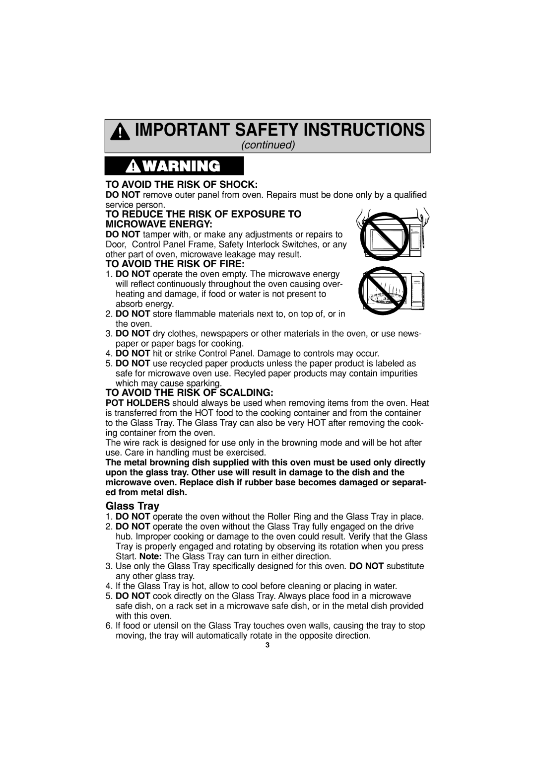 Panasonic NN-G463 operating instructions Glass Tray, To Avoid the Risk of Shock 