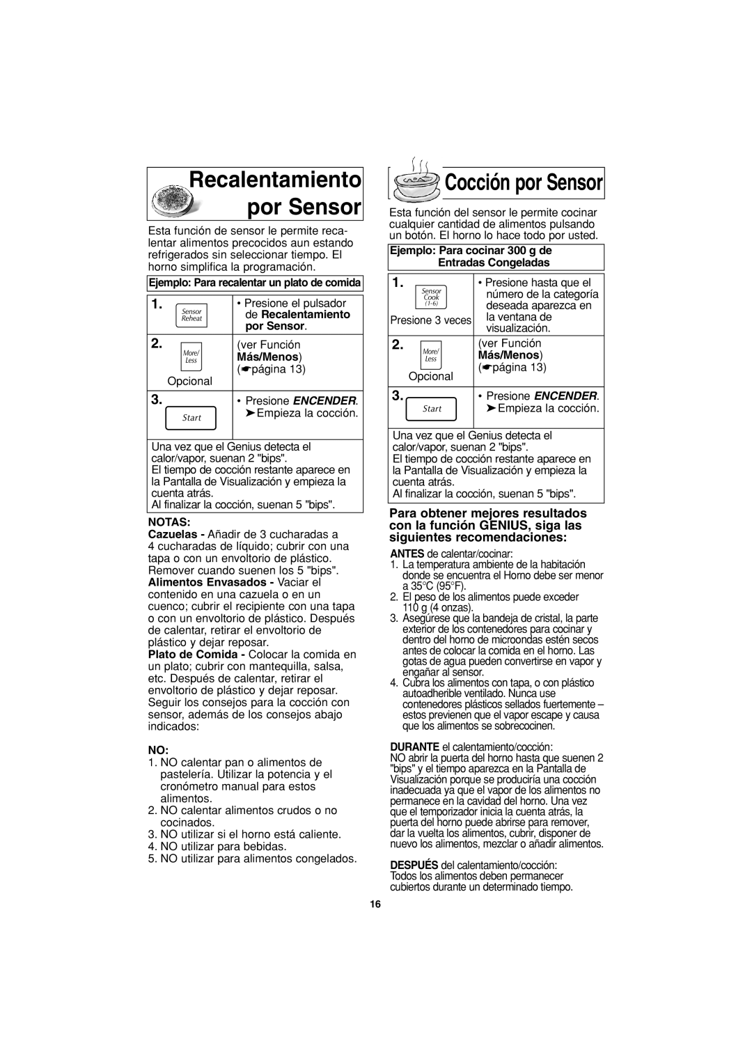 Panasonic NN-G463 operating instructions Ejemplo Para recalentar un plato de comida, De Recalentamiento por Sensor 