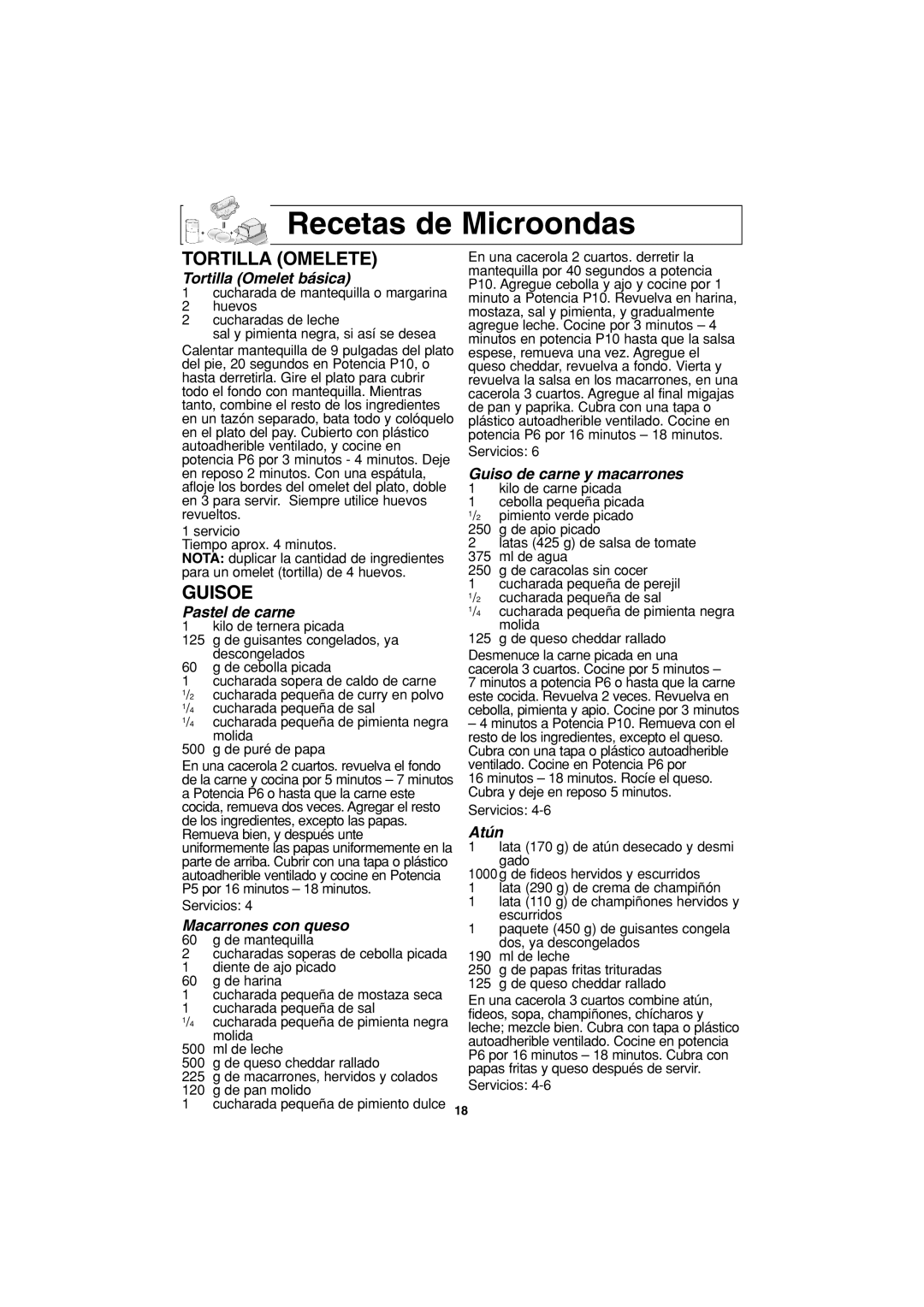 Panasonic NN-G463 operating instructions Recetas de Microondas, Tortilla Omelete, Guisoe 