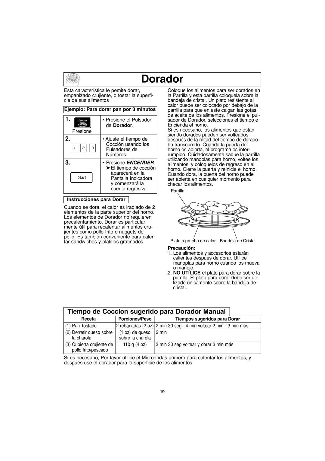 Panasonic NN-G463 operating instructions Tiempo de Coccion sugerido para Dorador Manual 