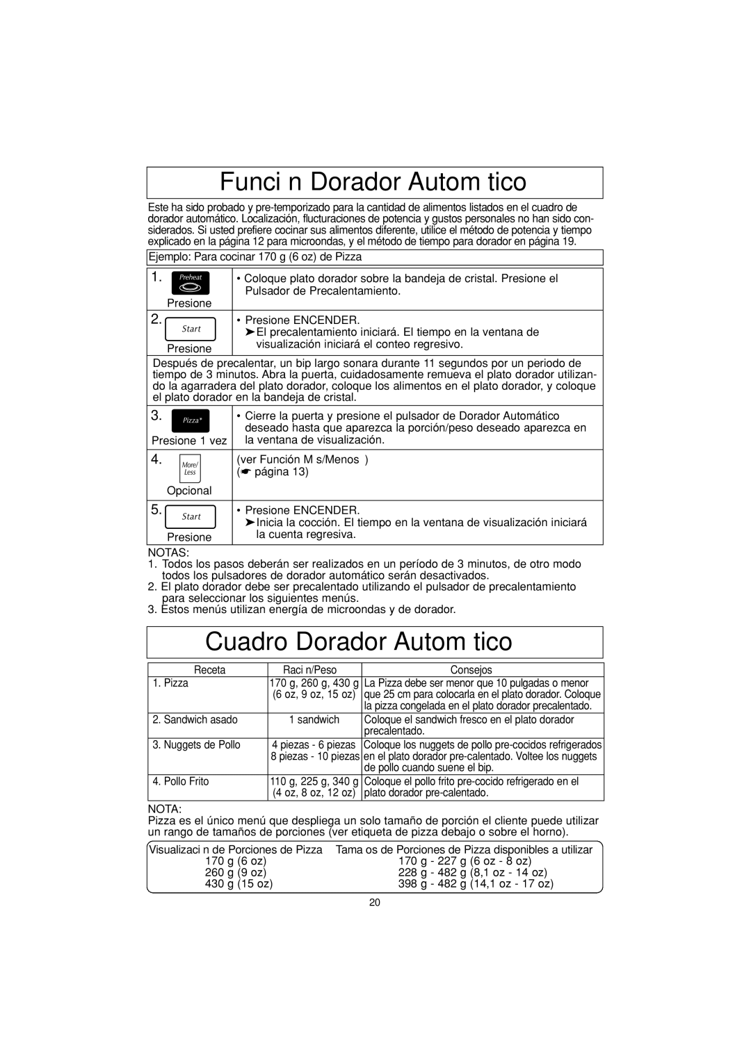 Panasonic NN-G463 operating instructions Función Dorador Automático, Cuadro Dorador Automático 