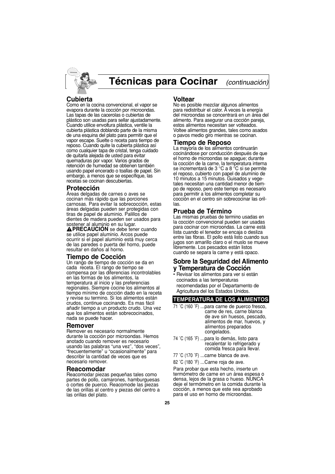 Panasonic NN-G463 operating instructions Técnicas para Cocinar continuación 