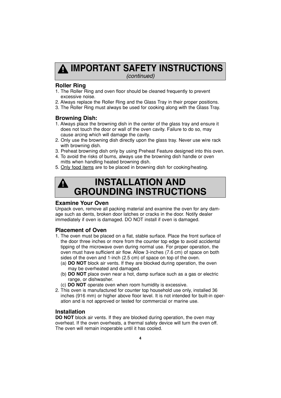 Panasonic NN-G463 operating instructions Roller Ring, Browning Dish, Examine Your Oven, Placement of Oven, Installation 