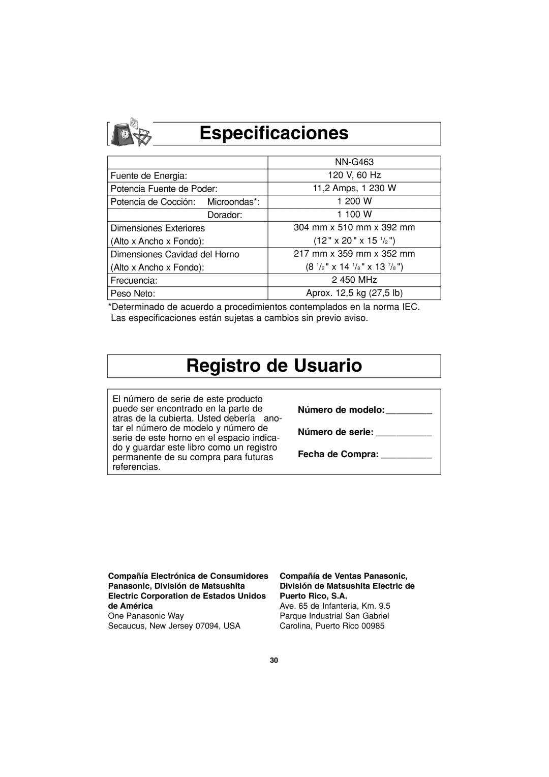 Panasonic NN-G463 operating instructions Especificaciones, Registro de Usuario, 12 x 20 x 15 1/2, 2 x 14 1/8 x 13 7/8 