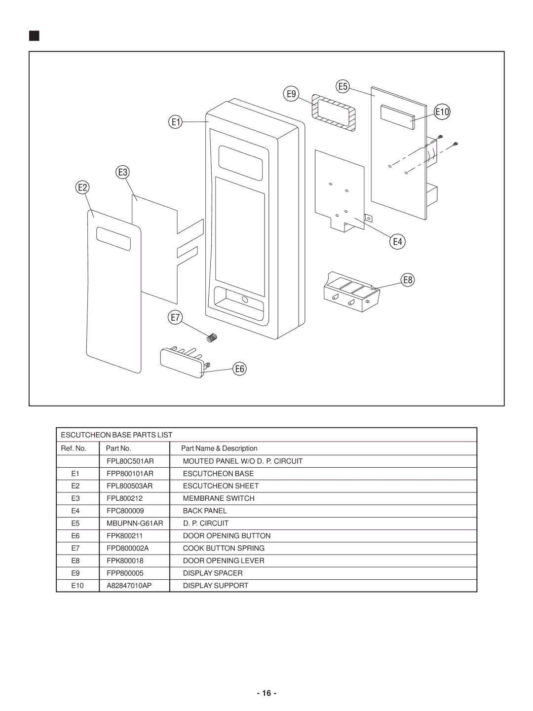 Panasonic service manual Escutcheon Base Assembly NN-G61 AR, Escutcheon Base Parts List 