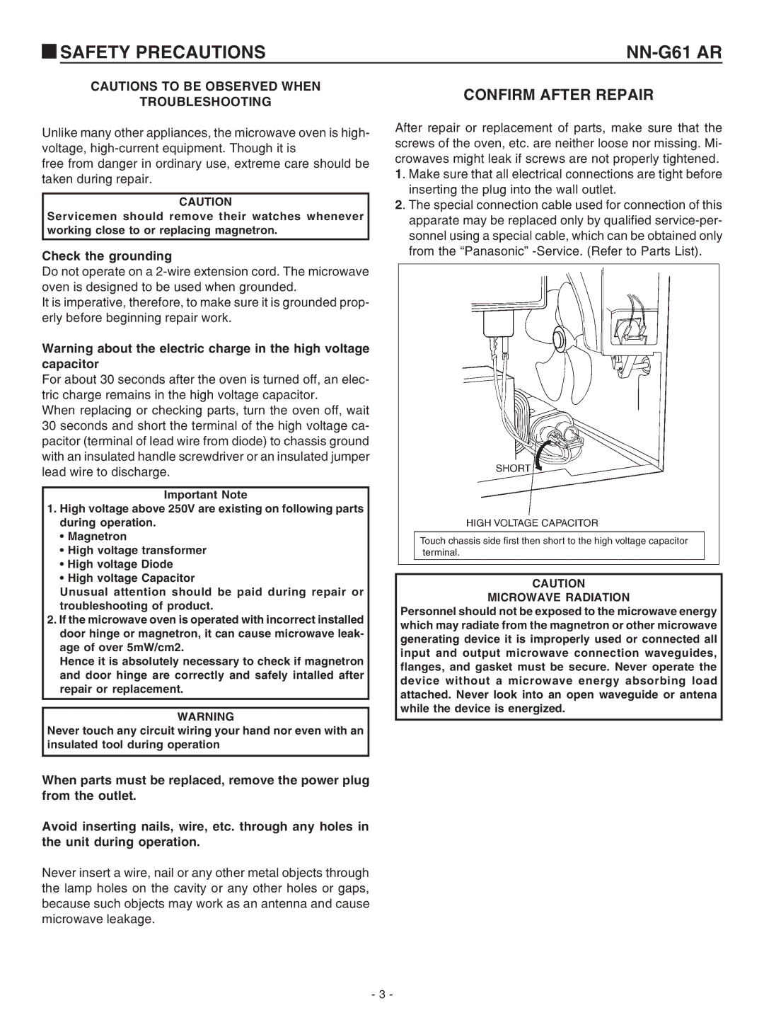 Panasonic NN-G61 AR service manual Safety Precautions 