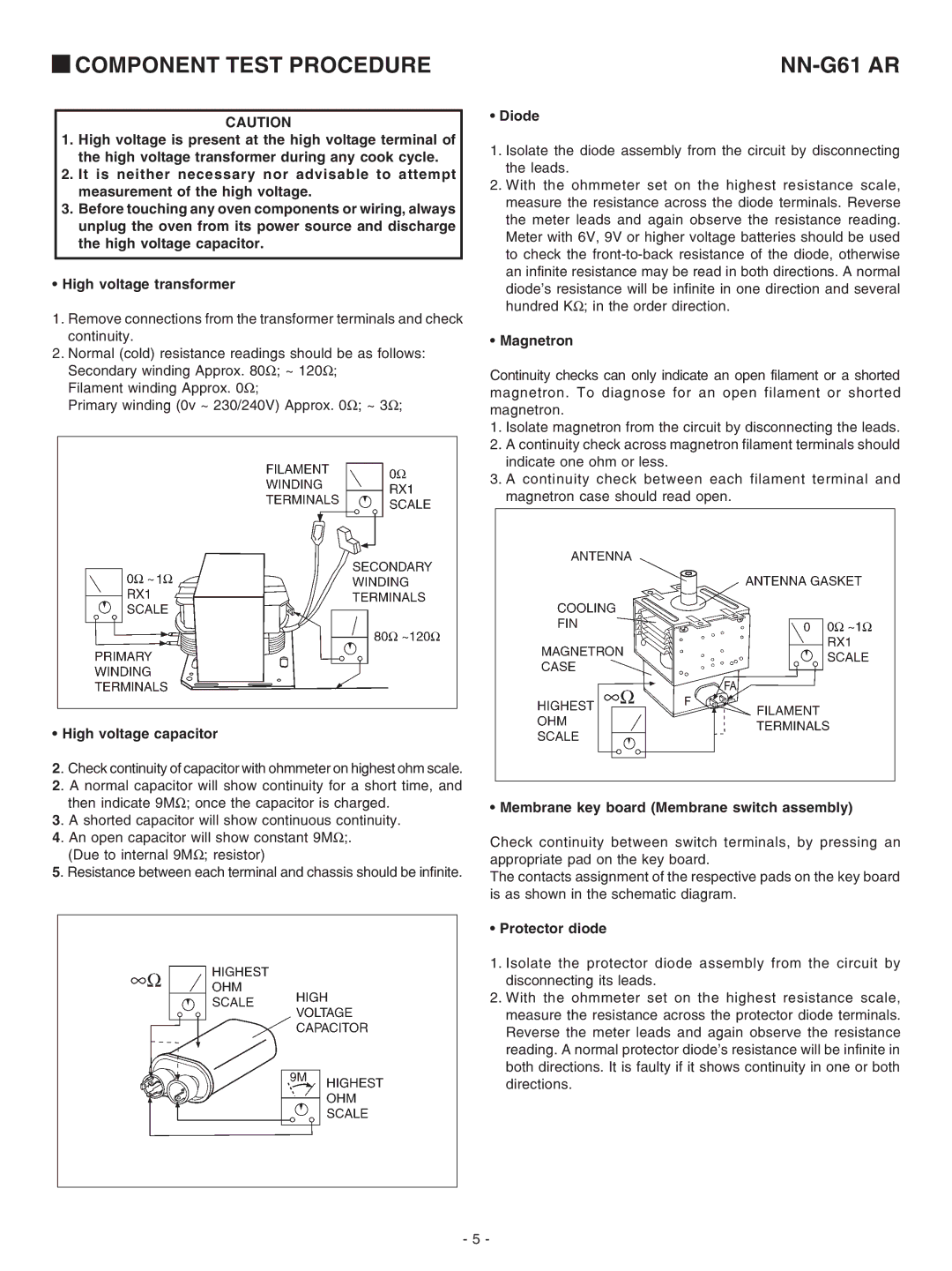 Panasonic NN-G61 AR service manual Component Test Procedure 