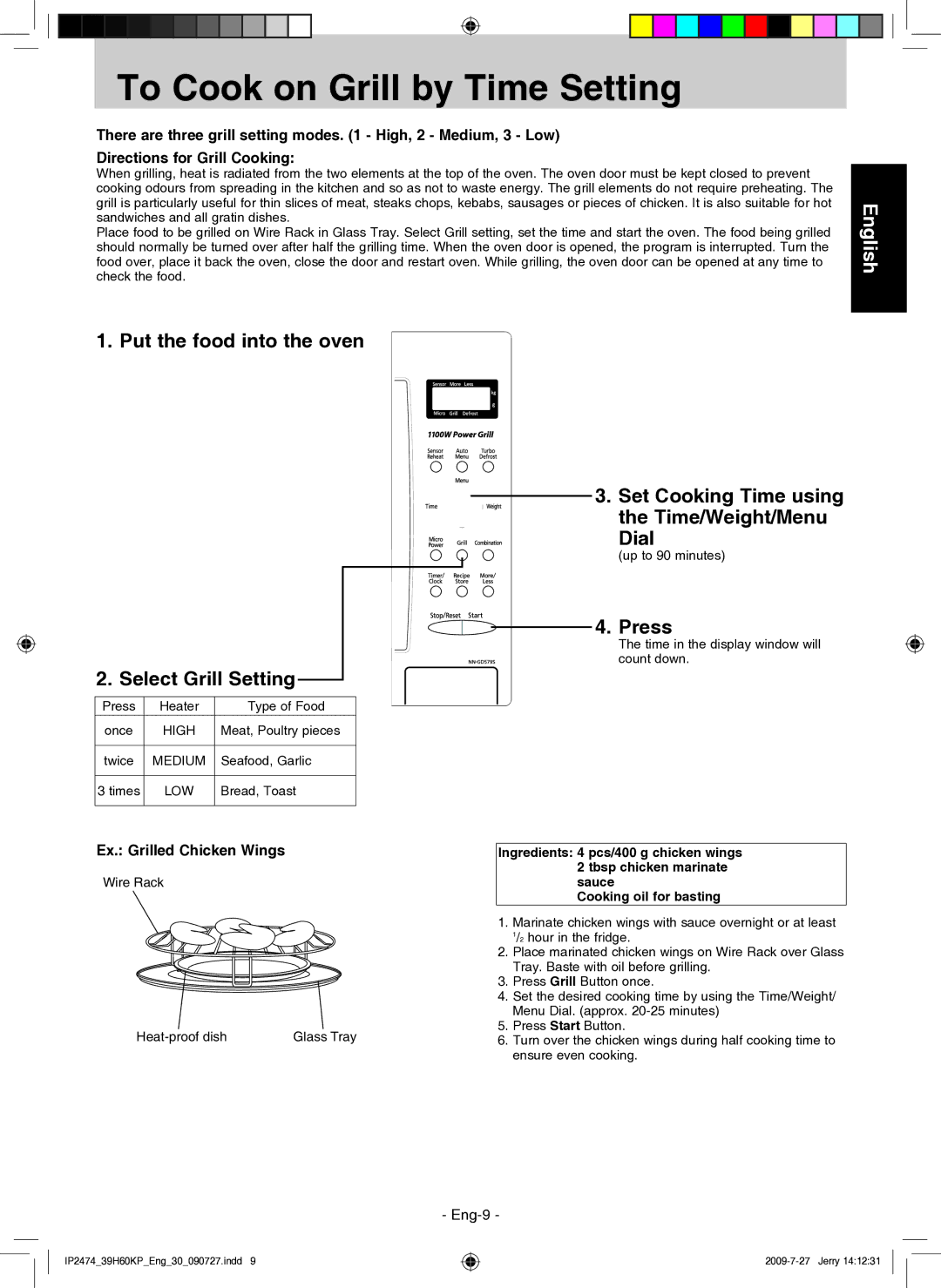 Panasonic NN-GD579S manual To Cook on Grill by Time Setting, Put the food into the oven Select Grill Setting 