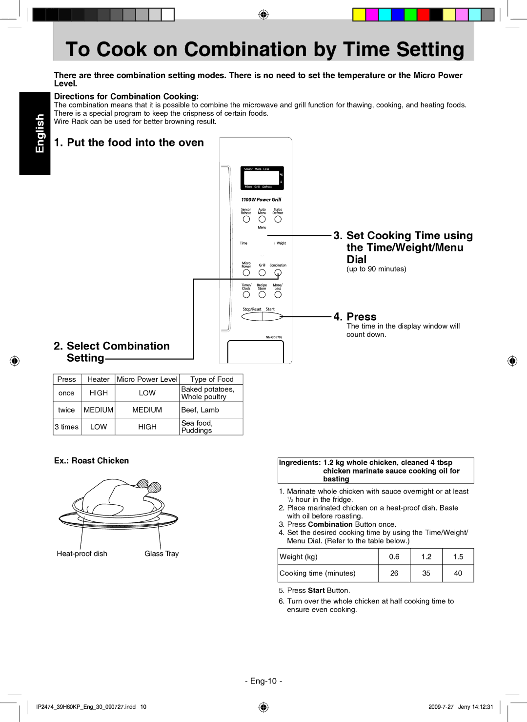 Panasonic NN-GD579S manual To Cook on Combination by Time Setting, Select Combination Setting, Ex. Roast Chicken 