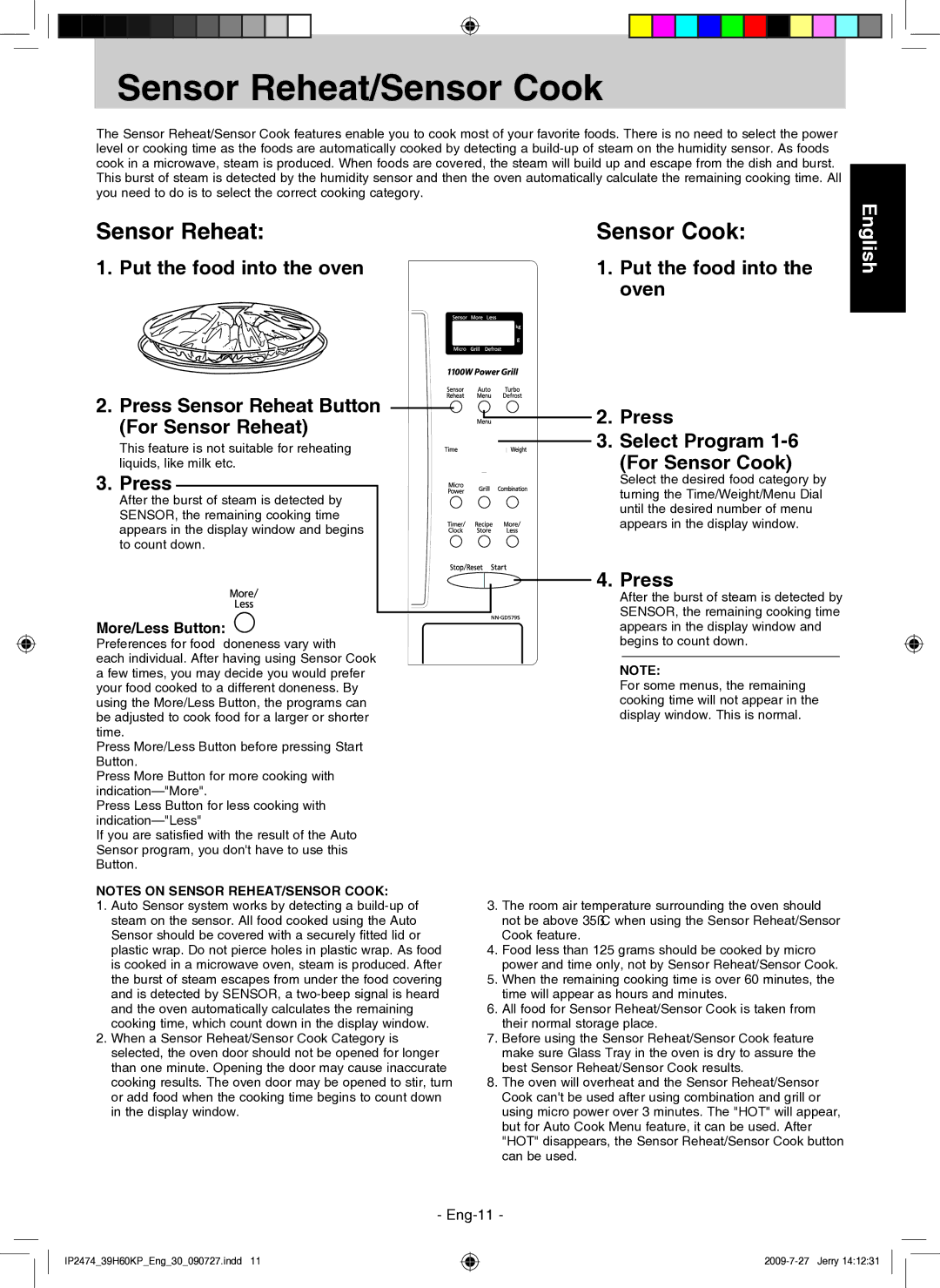 Panasonic NN-GD579S manual Sensor Reheat/Sensor Cook, More/Less Button 