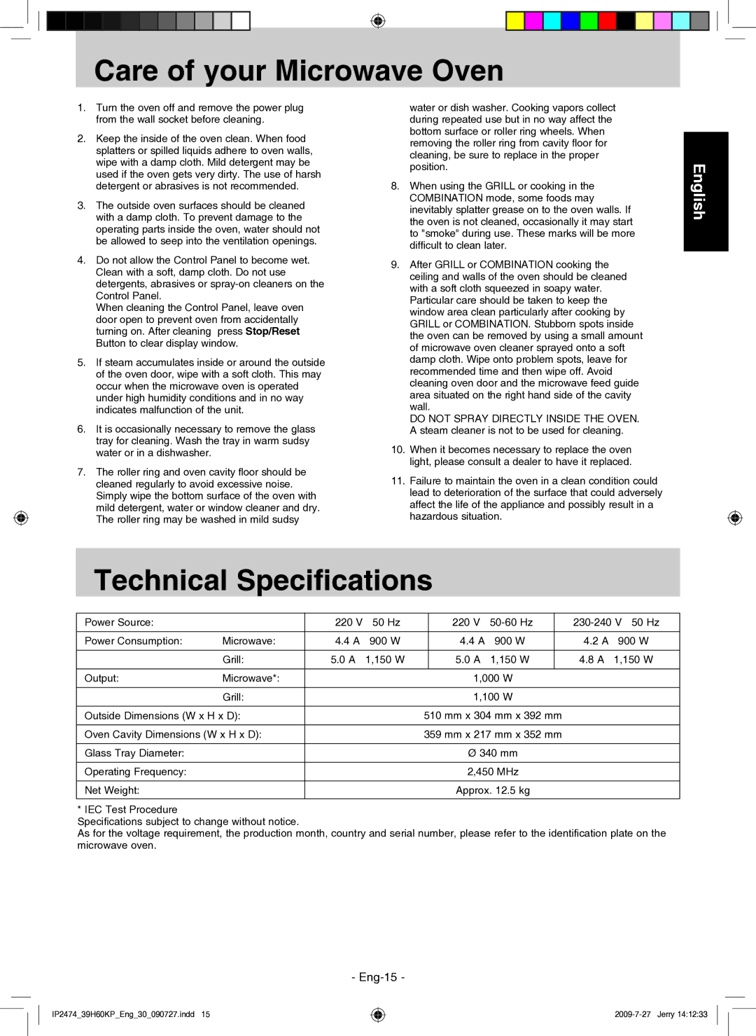 Panasonic NN-GD579S manual Care of your Microwave Oven, Technical Specifications 