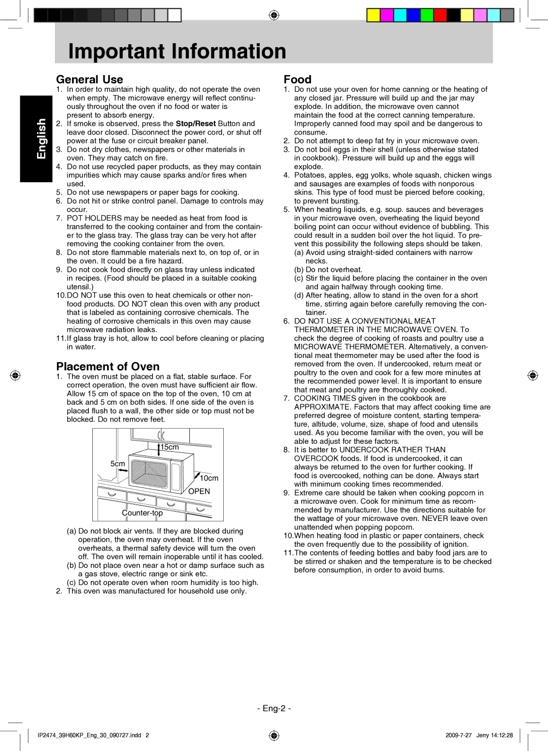 Panasonic NN-GD579S manual Important Information, General Use, Placement of Oven, Food 