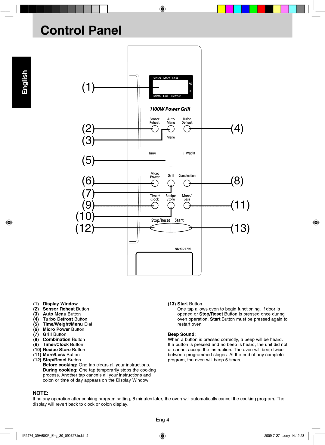 Panasonic NN-GD579S manual Control Panel, Before cooking One tap clears all your instructions 