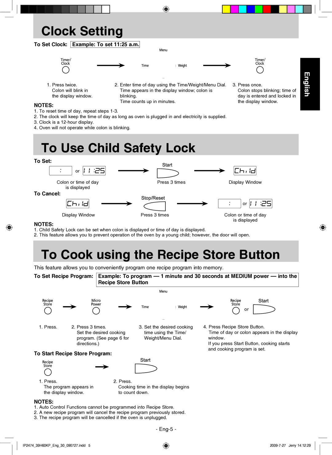 Panasonic NN-GD579S manual Clock Setting, To Use Child Safety Lock, To Cook using the Recipe Store Button 