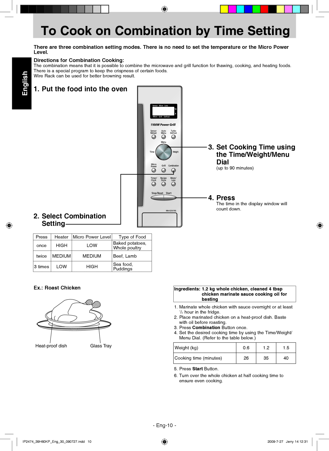 Panasonic NN-GD579S To Cook on Combination by Time Setting, Select Combination Setting, English, Press, Ex. Roast Chicken 