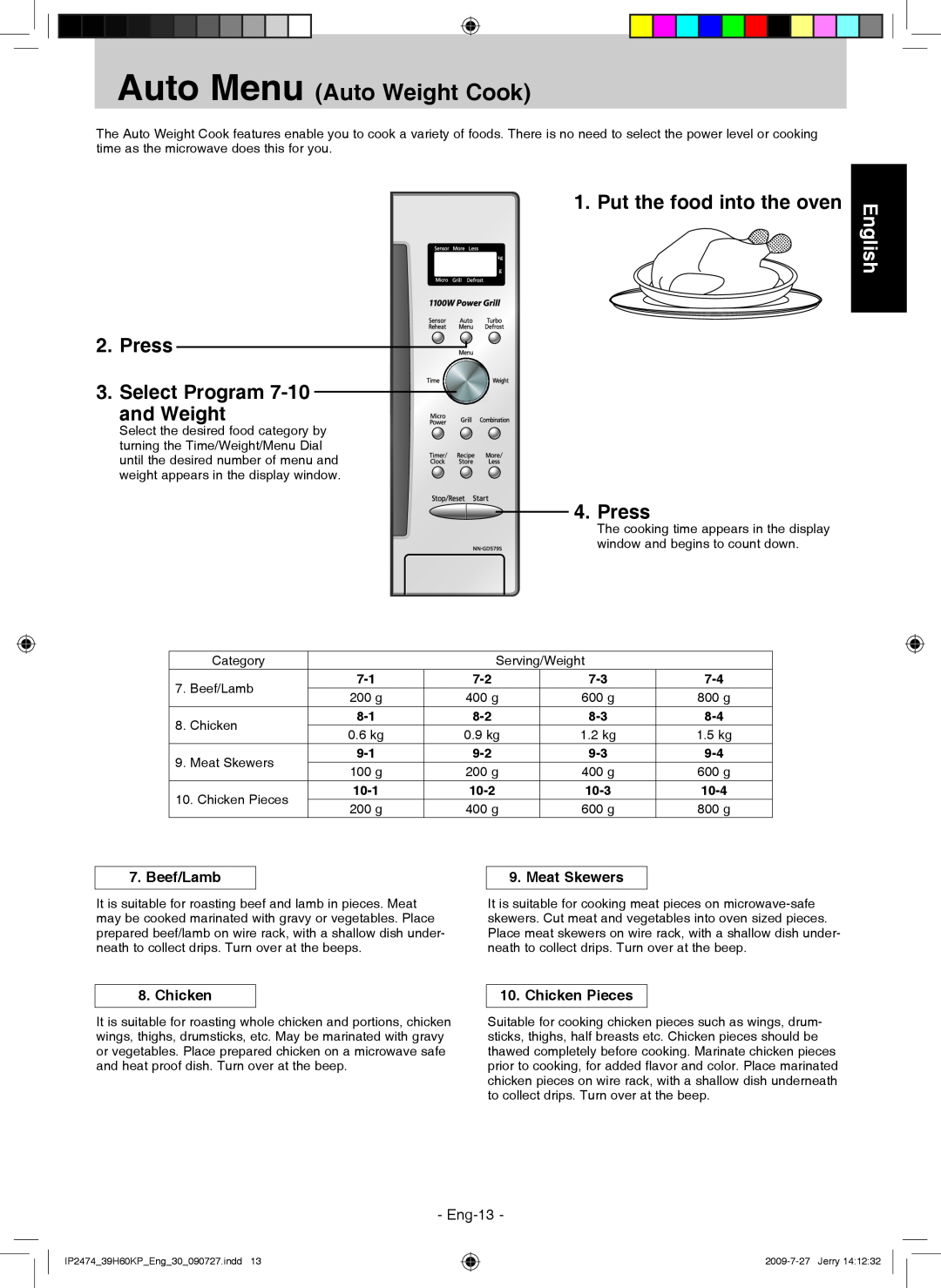 Panasonic NN-GD579S Auto Menu Auto Weight Cook, Put the food into the oven 2. Press 3. Select Program and Weight, English 